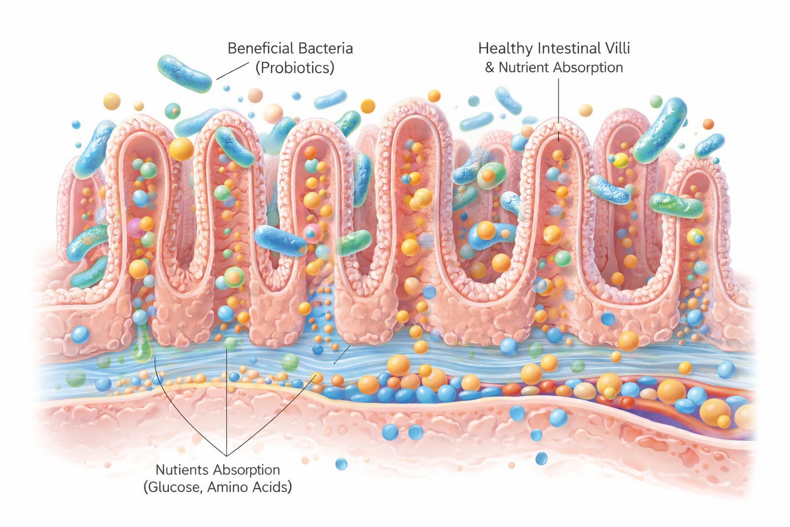 仔豬腸道菌相平衡與健康腸絨毛示意圖