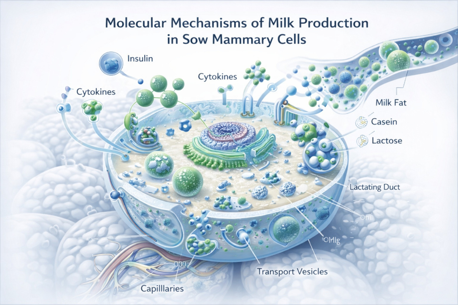 乳腺細胞泌乳機制圖，倍力素激活乳腺細胞合成乳汁