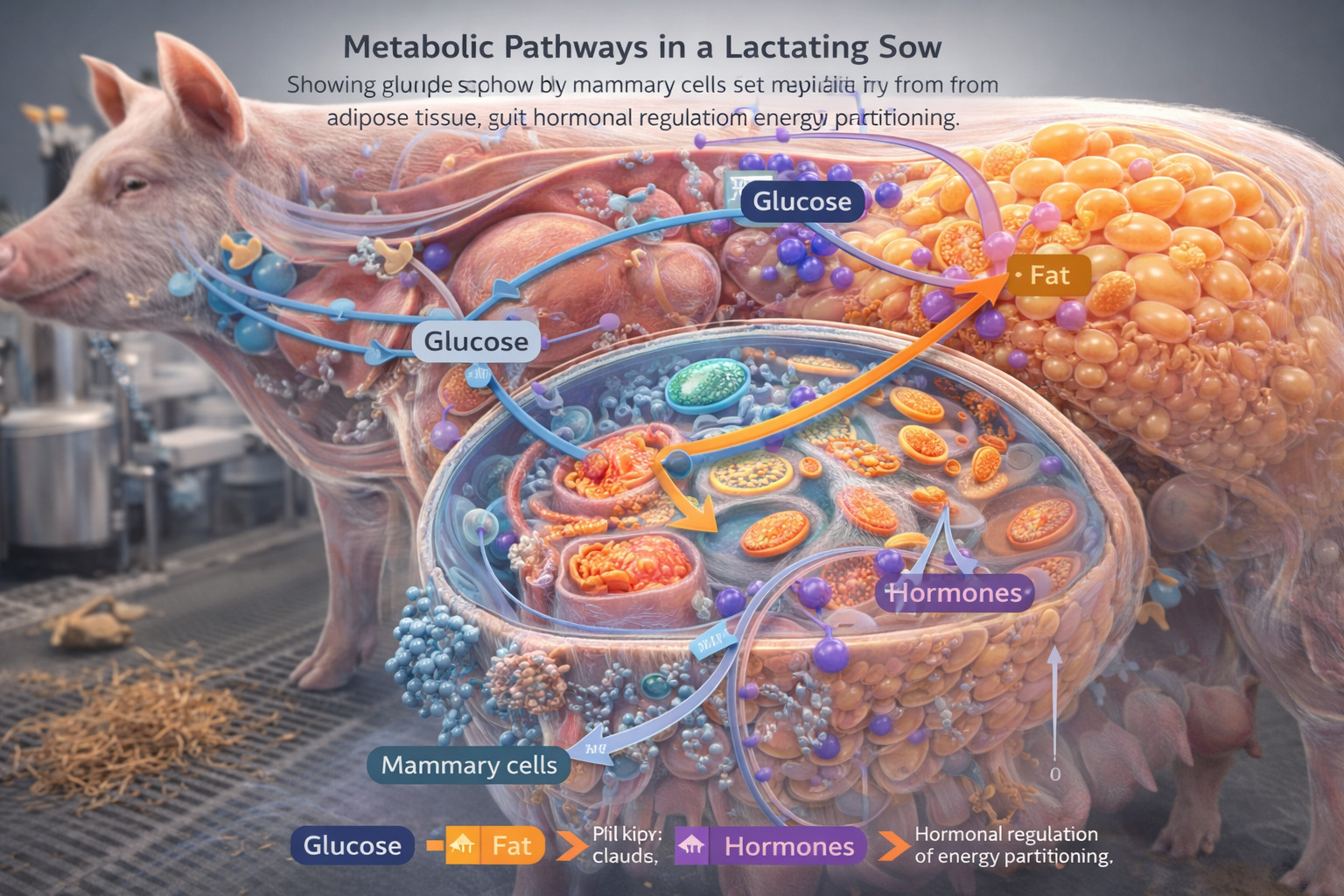 母豬能量代謝路徑與生殖激素調控圖